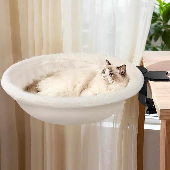 IPOW Heavy Duty Steel Frame 180° Rotating Cat Desk Bed Semi-Circular Cat Bed, Soft Faux Rabbit Fur Material, Suitable for Various Desktops-Maximum Hold Up to 40lb