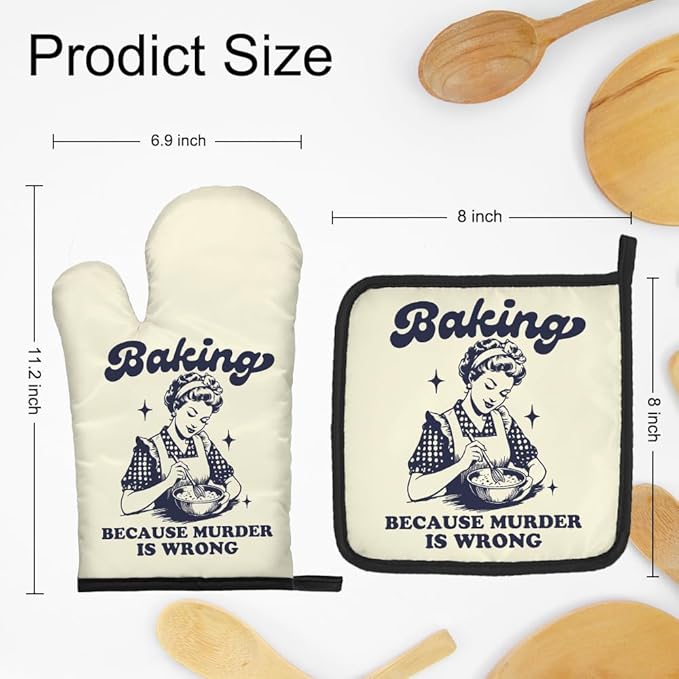 DYJYBMY Baking Because Murder is Wrong Funny Oven Mitts and Pot Holder Set, Humorous Vintage Lady Kitchen Gadgets for Women, Birthday Gifts for Bake Lover Chef, Hostess Gifts for Mom Wife Sister BFF