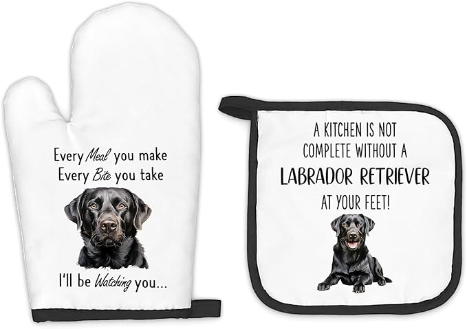 Black Lab Gifts Dog Oven Mitts and Pot Holders Sets, Black Labrador Dog Decor Kitchen Accessories Sets, Complete Without a Labrador Retriever Heat Resistant Oven Glove Potholders for Kitchen