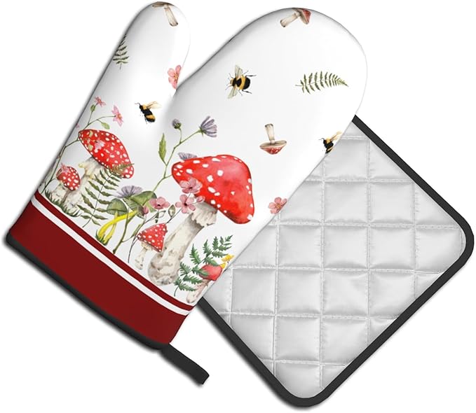 Mushroom Oven Mitts and Pot Holders Set of 2，Wildflower Botanical Heat Resistant Oven Gloves Funny Decorative Kitchen Hot Pads and Mitts for Chef Baking Cooking Grilling
