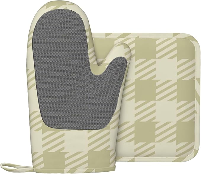 Oven Mitts and Potholders Green Checkered Scales Silicone Glove Heat Resistant, Kitchen Gloves for Cooking, 2-Piece Set