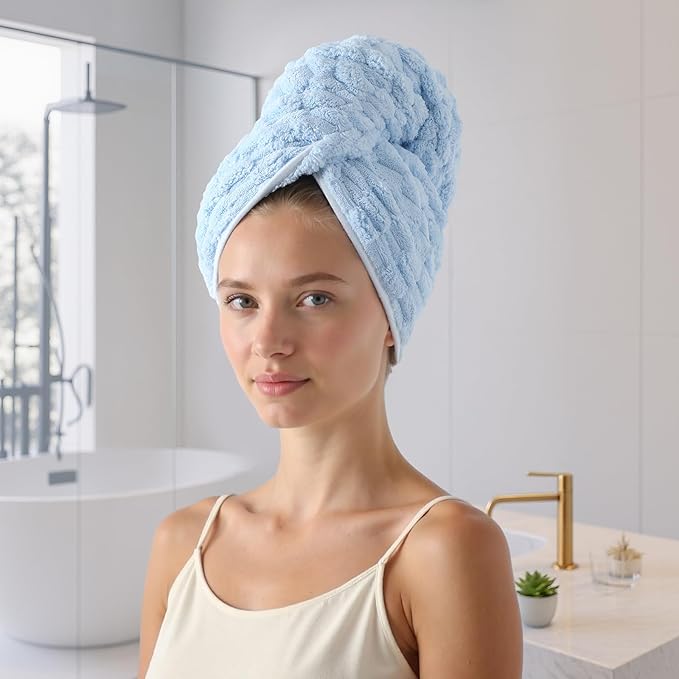 REDKISS Blue Microfiber Hair Towels - Extra Large Hair Towel Wrap for Women, 24x42 inch Hair Towels with Elastic Strap, Super Soft Hair Drying Towels for Long, Thick, Curly Anti Frizz Turbans