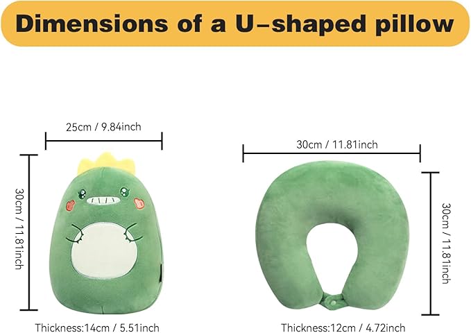 stocaggio Kids Travel Pillow - 2-in-1 Deformable Kids Neck Pillow for Traveling, Soft U-Shaped Pillow with Adorable Animal Design, Comfy Sleep and Play, Ideal for Airplanes Travel - Dinosaur