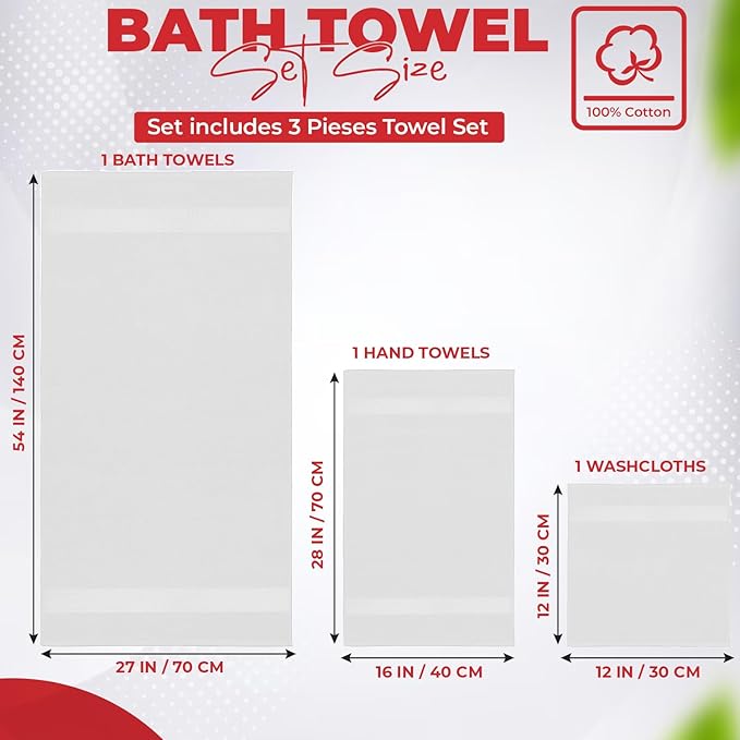 RIVERSIDE 3-Piece Towel Set, 1 Bath Towel, 1 Hand Towel, 1 Washcloth, 550 GSM Ring Spun Cotton, Soft, Quick Dry, Absorbent Bathroom Towels for Home, Gym, Spa, White
