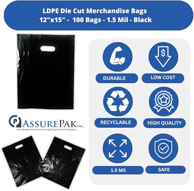 ASSUREPAK Black Plastic Merchandise Bag - 100 Bags - LDPE Die Cut Handle Bag for Retail, Store, Market, Convenience Store - 12"x15" - 1.5 mil