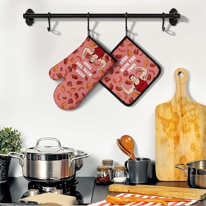 Dude with The Food Oven Mitts and Pot Holders Sets, Funny Oven Mitts for Father Grill Masters Grill Lovers BBQ Lover Foodies, Cooking Gifts Housewarming Gifts for Dad Grandpa