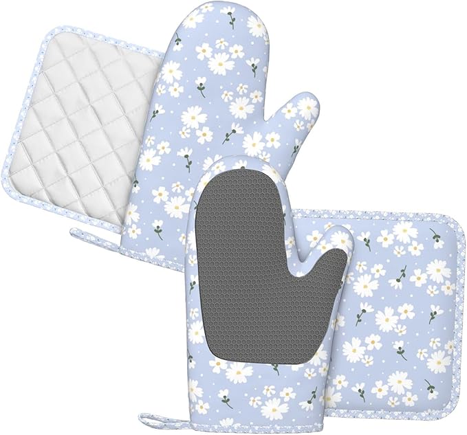 Oven Mitts Pot Holders Set Daisy Flower Pastel Silicone Kitchen Gloves Potholders Heat Resistant for Chef Baking Cooking Grilling BBQ 4 Pack Mitt
