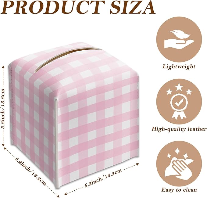 Pink and White Checkered Tissue Box Cover Square, Leather Tissue Holder with Bottom Belt, for Nightstands Desks Office Bathroom Car Vanity Home Decor Supplies -003