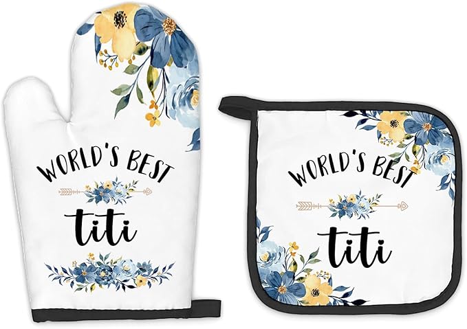 Titi Gifts Oven Mitts and Pot Holders Sets, Gifts for Titi Aunt Auntie Aunty, TitiAunt Auntie Gifts from Nephew Niece,World’s BestTiti Heat Resistant Oven Glove Potholders for Kitchen Cooking