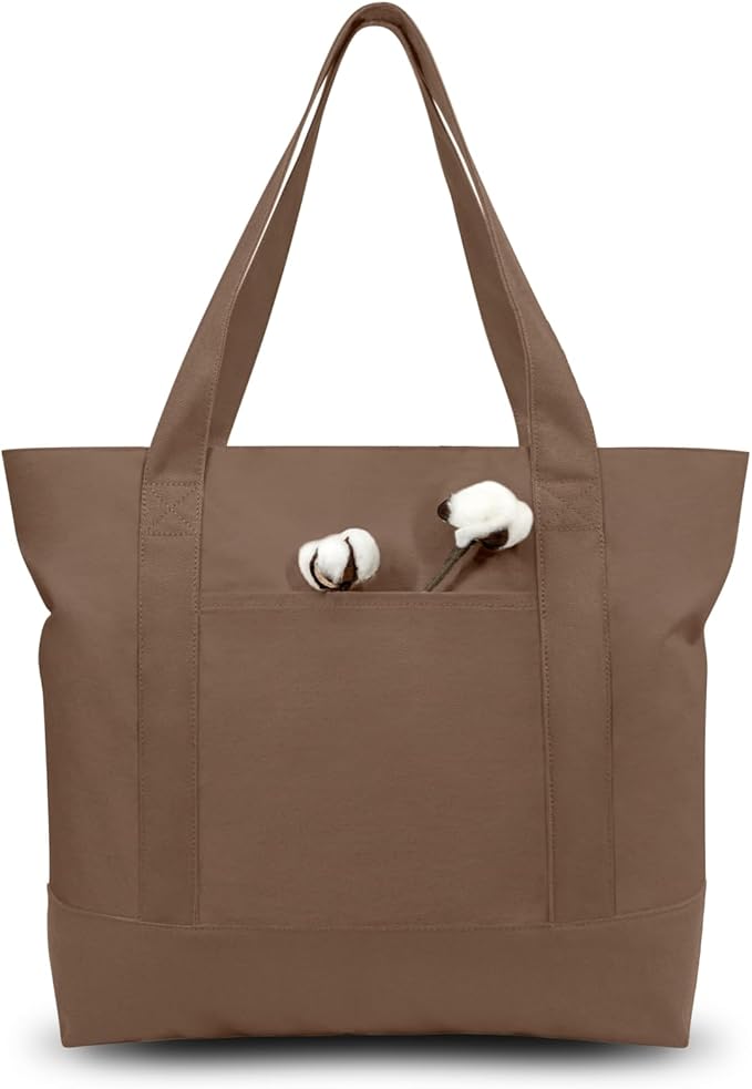 TOPDesign 3-Pack Canvas Tote Bags with an External Pocket, Reusable Grocery Shopping Bags, Top Zipper Closure, Daily Essentials (Brown)