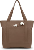 TOPDesign 3-Pack Canvas Tote Bags with an External Pocket, Reusable Grocery Shopping Bags, Top Zipper Closure, Daily Essentials (Brown)