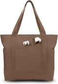 TOPDesign 6-Pack Canvas Tote Bags with an External Pocket, Reusable Grocery Shopping Bags, Top Zipper Closure, Daily Essentials (Brown)