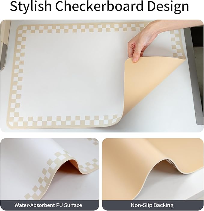 2PCS Coffee Bar Mat for Countertop Super Absorbent Hide Stain Cuttable Dish Drying Mat for Kitchen Counter,Beige White