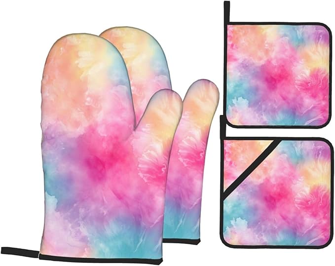 Oven Mitts and Pot Holders Sets of 4 Tie Dye Colorful Galaxy Kitchen Potholder Gloves Heat Resistant Non-Slip for Chef Baking Cooking Grilling BBQ Mittens