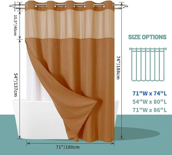 eachope BurntOrange No Hook Waffle Weave Shower Curtain with snap-in Liner Replacement, 230GSM Waterproof Fabric Hotel Shower Curtain Set for Bathroom, Through Mesh Top Window,71Wx74H
