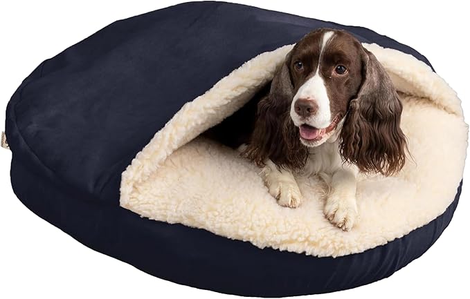Snoozer Cozy Cave Dog Bed - Indoor Dog Bed with Cover Cave, Covered Calming Burrow for Medium & Large Sized Pets with Blanket Attached, Enclosed, Removable Washable Cover - XL, Navy