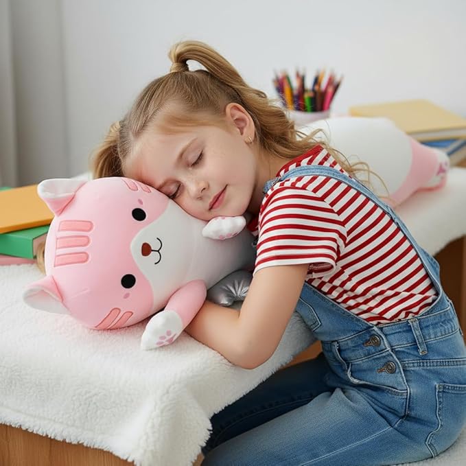 Kekeso Long Cat Plush Pillow, Cute Cat Stuffed Animal Body Pillow with Wings, Soft Kawaii Kitty Hugging Pillow, Christmas Valentine's Birthday Gift for Kids Girls Boys (Pink, 90cm/35.43in)