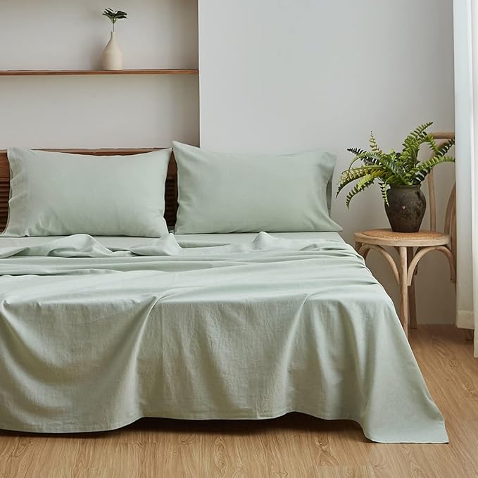 Simple&Opulence Belgian Linen Sheet Set Solid Color - 3 Pieces (1 Flat Sheet, 1 Fitted Sheet & 1 Pillowcase) Natural Flax Cotton Blend Soft Breathable Farmhouse Bedding - Twin Size, Mint Green