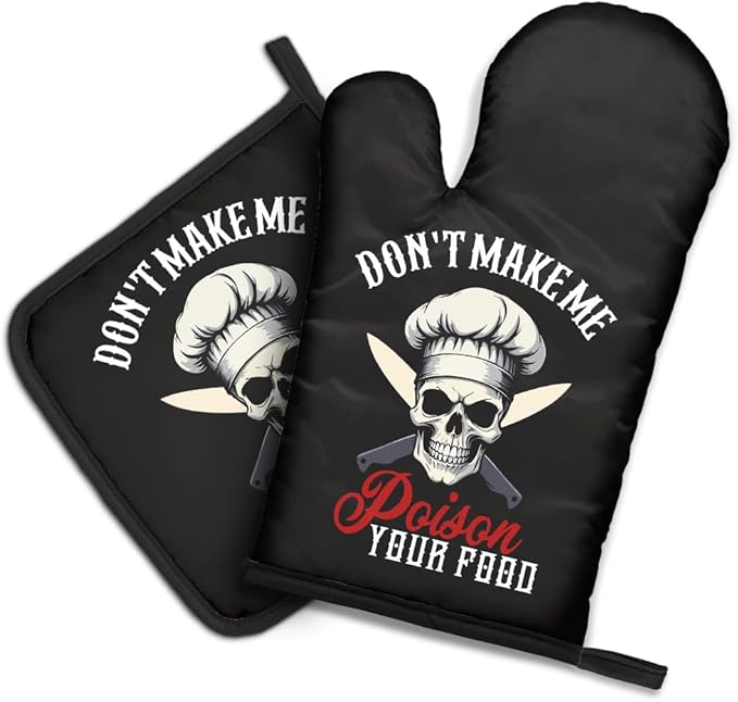 DYJYBMY Don't Make Me Poison Your Food Funny Goth Oven Mitts and Pot Holder Set, Funny Skeleton Kitchen Gadgets for Male Host Hostess, Housewarming Baking Gifts for Mom Dad Wife Husband Sister Friend