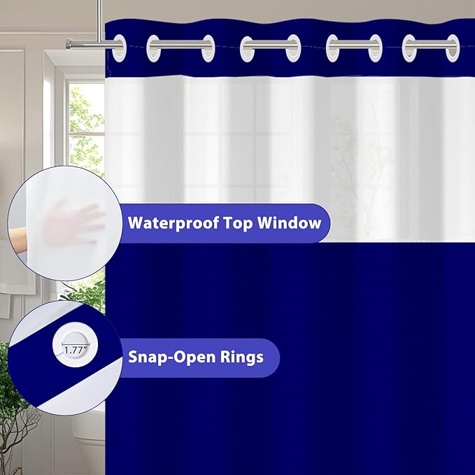GICDSU No Hook Shower Curtain with Snap in Liner, Waffle Shower Curtain Set for Bathroom, Hotel Style with Semi-Sheer Top Window, Waterproof & Washable, Navy Blue, 71" W x 80" L