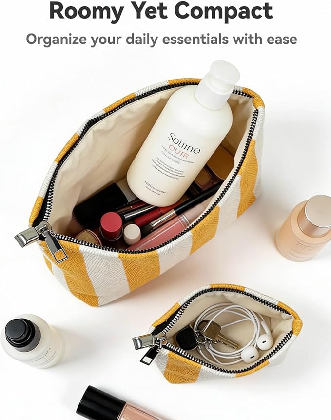 2 Pcs Makeup Bag Set, Women Gifts, Travel Cosmetic Bags, Canvas Make up Bag for Purse, Yellow Striped Makeup Pouch with Zipper Lining, Cosmetic Storage Car Organizer, Portable Large & Small Toiletry