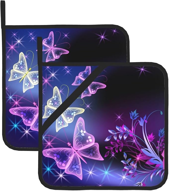2-Pack Dreamy Butterflies Potholders Kit Trivets Black Kitchen Pot Holders Set Heat Resistant Quilted Large Coasters Hot Pads for Everyday Cooking Baking, 8 x 8 Inch (Colorful)