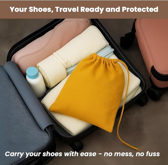 LFH Cotton Rich Shoe Storage Bags with Drawstring, Dustproof Breathable Reusable Organizer, Perfect For Travel, Dorm, Hotel, College, Gym, Easy to Carry, Machine Washable 8"x17" (Pack of 4) - Golden