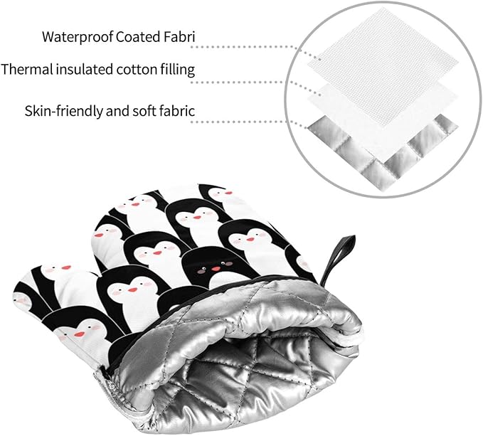 Penguin Cute Oven Mitts and Pot Holders Set of 4, Oven Mittens and Potholders Heat Resistant Gloves for Kitchen Cooking Baking Grilling BBQ