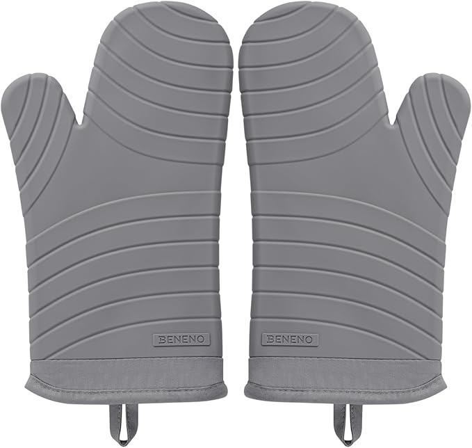 Beneno Heat Resistant Silicone Oven Mitts BPA-Free, Non-Slip Textured Grip & Quilted Cotton Lining, Waterproof Kitchen Mitt 2-Pack Set, 7"x13", Gray