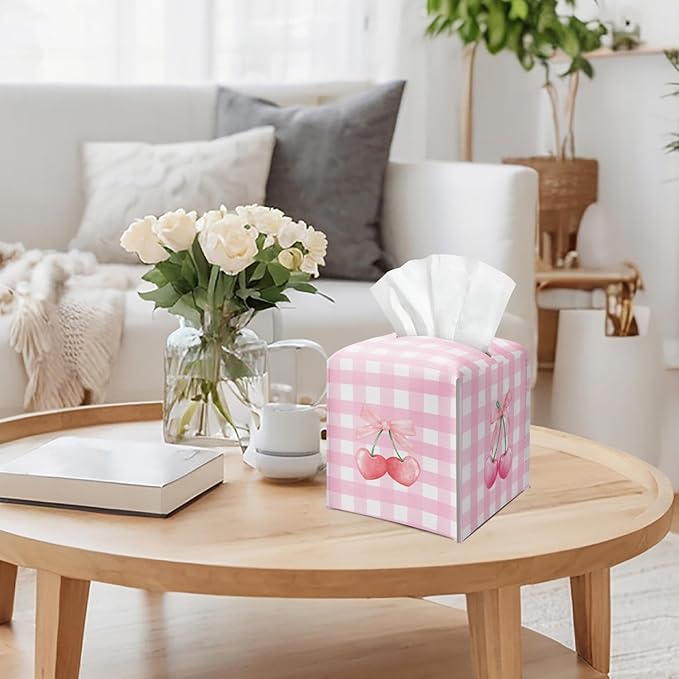 Pink Bow Cherry Tissue Box Cover Square, Leather Tissue Holder with Bottom Belt, for Nightstands Desks Office Bathroom Car Vanity Home Decor Supplies -001