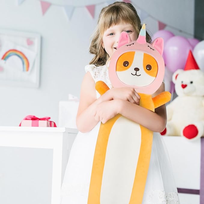 HAIJUNYA 36 Inch Kawaii Unicorn Dog Long Plush Body Pillow Toy, Soft Corgi Shiba Inu Plushies with Stuffy Unicorn Outfit Big Stuffed Animals Gift for Kids Boys Girls, Birthday, Halloween, Christmas