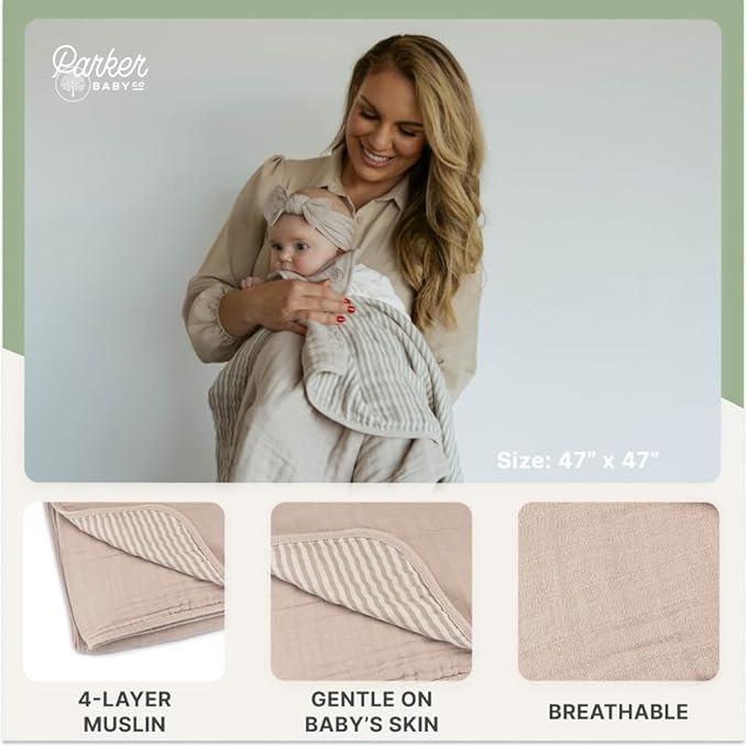 Parker Baby Muslin Blanket | 100% Soft Cotton Toddler Quilt & Baby Muslin Swaddle | Gender Neutral Design 47" x 47" Blanket