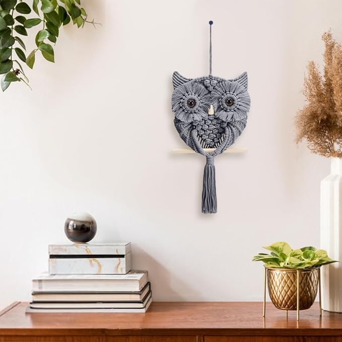 FREEBLOSS DIY Macrame Owl Kit Macrame Tapestry Wall Hanging 90m Cotton Cords Macrame Kit for Beginners with Video Tutorial Macrame Wall Art for Bedroom Decor, Gray