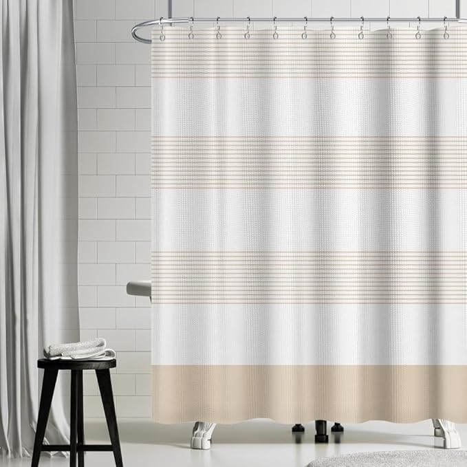 ggaimwf Vintage Stripe Waffle Fabric Shower Curtain Boho Farmhouse Plaid Patchwork Bath Curtain Rustic Checkered Long Bathtub Curtain for Women Bathroom Waterproof Decor with Hooks 36x71 Inch