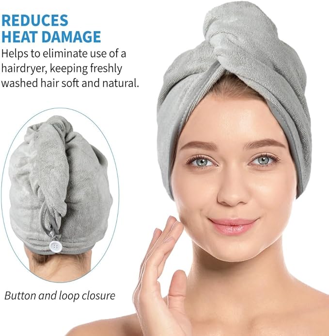 ForPro Professional Collection Premium Microfiber Hair Towel Wrap, 2-Pack Quick Drying Hair Turban for Women, 10" x 26", Cool Grey + Sky Blue