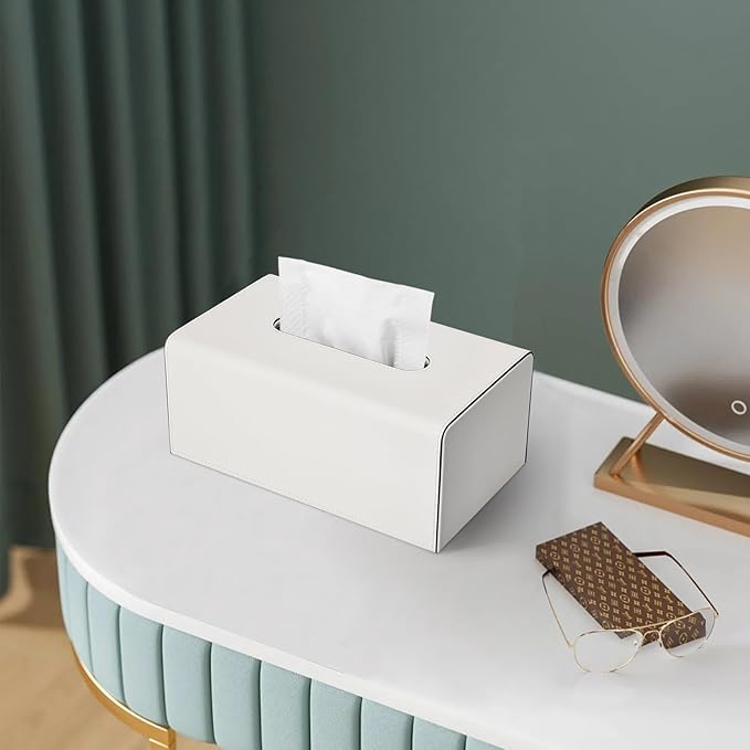 KINGFOM Tissue Box Cover, PU Leather Rectangular Tissue Box Holder with Magnetic Bottom Cover for Facial Tissues/Napkins, Office & Living Room Decor Box (Ivory White)