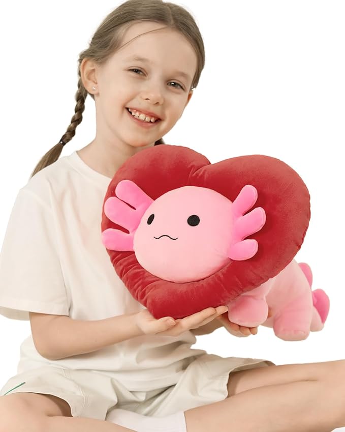 MaoGoLan Valentines Axolotl Plush with Heart-Shaped Hood,Squishy and Soft Salamander Stuffed Animal Throw Pillow,16" Loving Heart Plushie Gift for Valentines Day,Christmas,Anniversary,Mother's Day