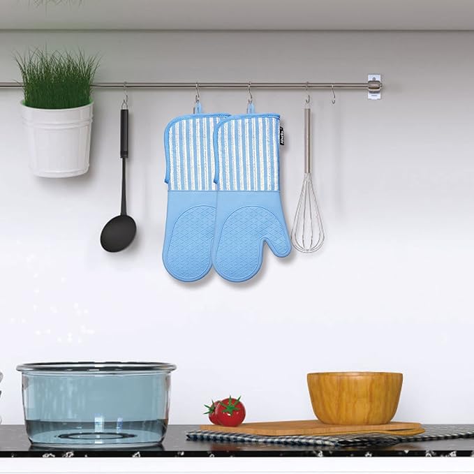 Silicone Oven Mitts Heat Resistant 932℉ with Waterproof & Non-Slip Kitchen Mittens, Set of 2 Extra Long Oven Gloves with Soft Cotton Terry Lining for Baking Cooking Barbecue (2, Blue Mitts)