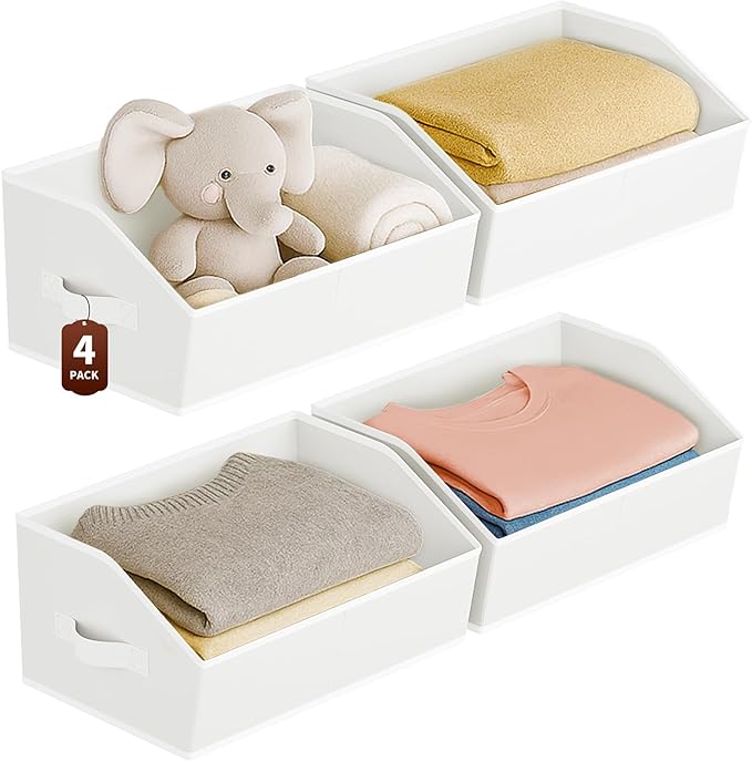 Homsorout Large Closet Organizers and Storage Bins - 4 Pack Trapezoid Storage Baskets for Shelves, Foldable Fabric Baskets with Handles Ideal for Closet, Basket, Wardrobe and Shelf Storage, White