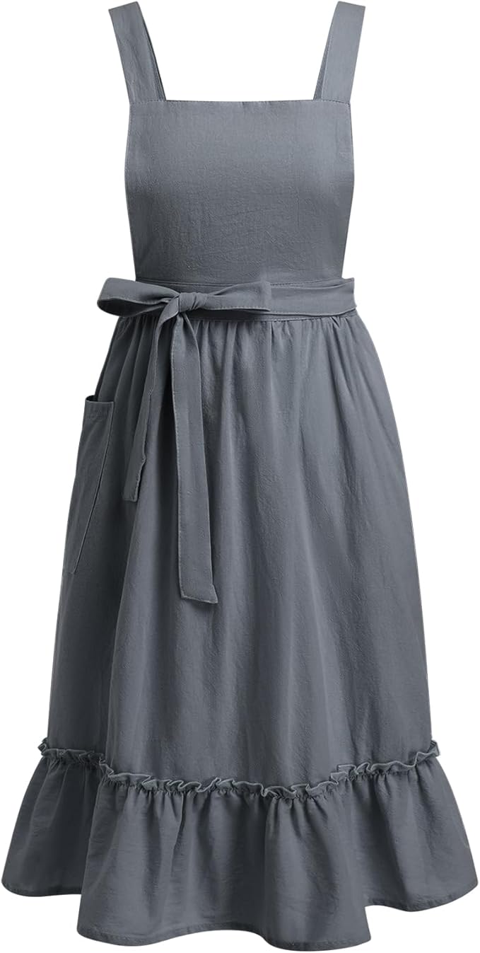 ODIZLI Frill Apron for Women Cotton Cross Back Vintage Ruffle Apron for Garden Cooking Aprons