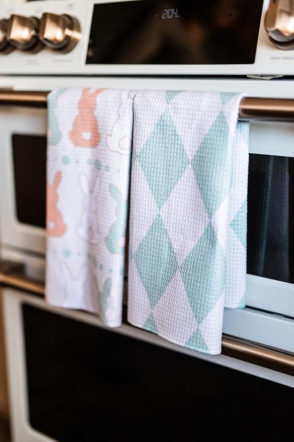 Desert Aqua || 2 Pack Double Sided || Not Your Ordinary Dish Towels || Waffle Weave Microfiber || Tea Towels || Highly Absorbent || Hanging Loop || Dish Cloths || Designer Prints || Easter Bunny