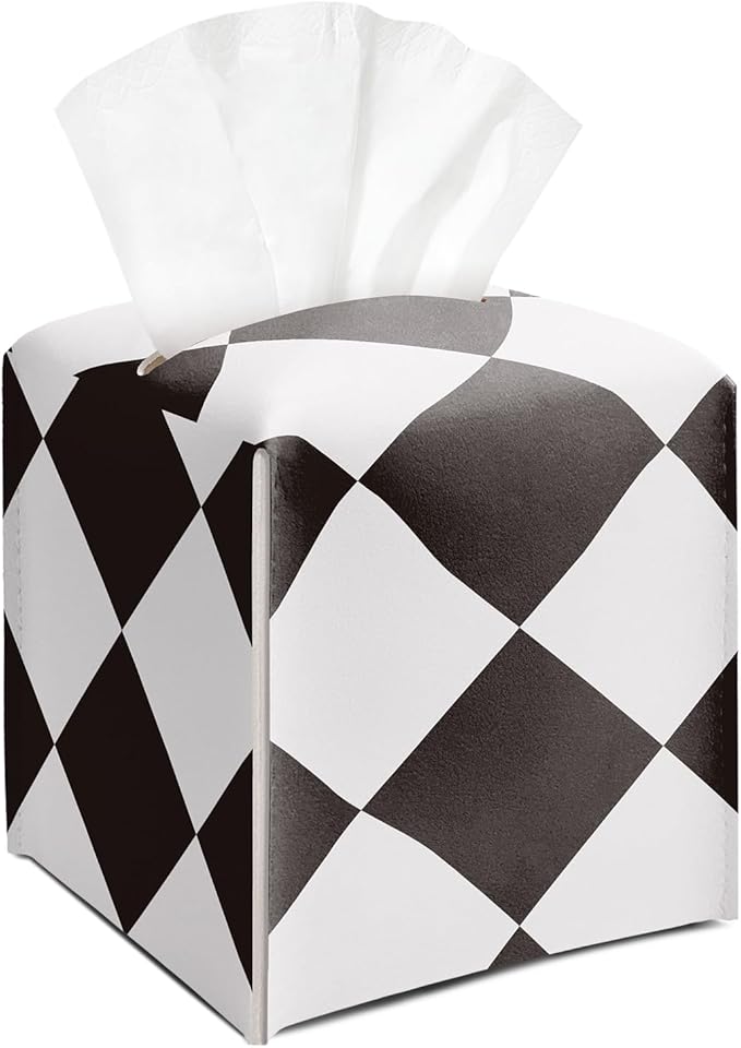 Black and White Checkered Tissue Box Cover Square, Leather Tissue Holder with Bottom Belt, for Nightstands Desks Office Bathroom Car Vanity Home Decor Supplies -005