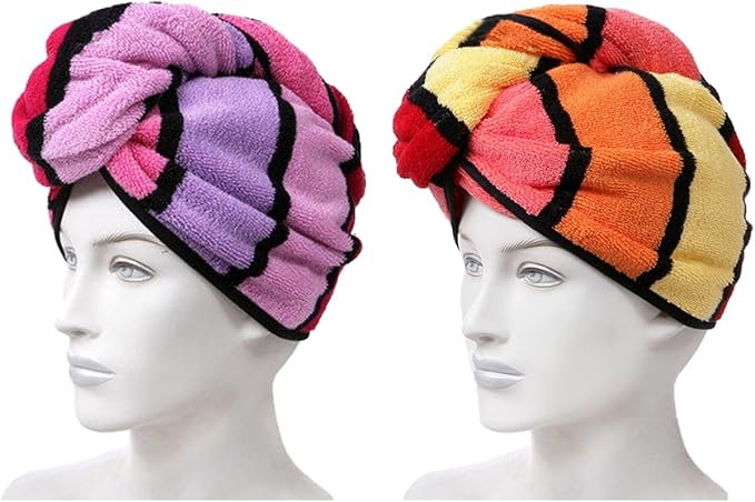 Wenlly 2 Pack 100% Cotton Hair Drying Towel, Hair Towel wrap with Button for Women, Shower Head Towel, Dry Hair Turban (Orange & red)