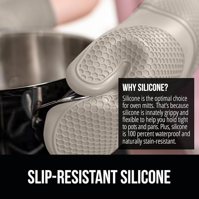 GORILLA GRIP BPA-Free Soft Silicone Oven Mitts, Heat Resistant and Waterproof Cooking Gloves, Thick Cotton Lining, Flexible Gripping for Baking Grilling, Kitchen Potholders Set of 2, 12.5x8.3, Almond