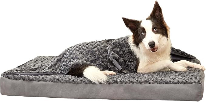 GOHOO PET Orthopedic Memory Foam Bed for Large Dogs, Waterproof Cooling Pet Mats for Crate with Removable Washable Cover,Ideal for Arthritic Dogs (X-Large-41"x 29" x 4", Rose Plush+Blanket)
