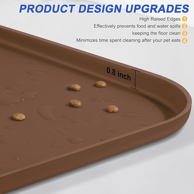 SMILOOL Silicone Pet Feeding Mat with Raised Edge for Food and Water, Dog Bowl Mats, Cat Bowls Placemat with High Lip for Floor Waterproof, Rubber Tray for Cats and Dogs 22 x 14 x0.8 Brown