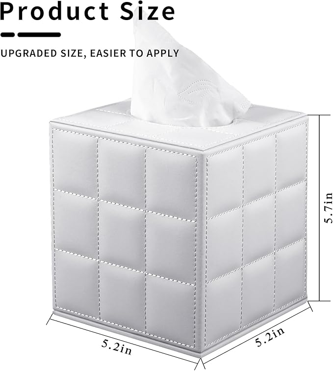 XNONE Tissue Box Cover Square Tissue Box Holder PU Leather Facial Organizer with Magnetic Bottom,Decorative Napkin Caddy for Vanity Dresser Night Stand Table Countertop Home Office Car,White