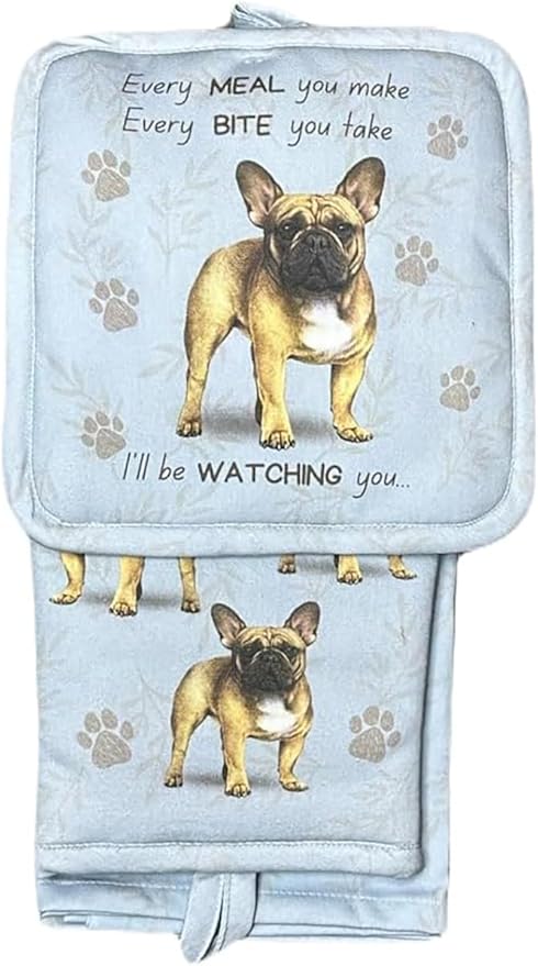 French Bulldog 3-Piece Kitchen Set - Oven Mitt, Pot Holder & Kitchen Towel Set, Heat Resistant up to 420 F, Soft Quilted Cotton for Cooking, Baking, BBQ, Pet Lover Gifts (French Bulldog)