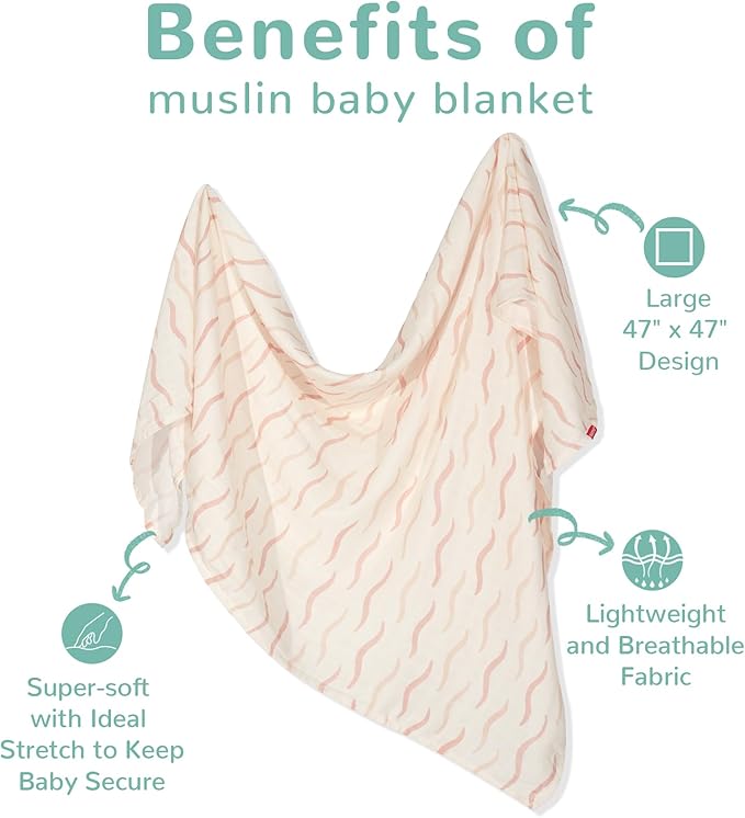 HECCEI Muslin Swaddle Blanket - Baby Muslin Blanket Large Swaddles 47 x 47 inches Breathable & Soft Baby Receiving Blanket Gender Neutral for Newborn Boys Girls, Gentel Waves