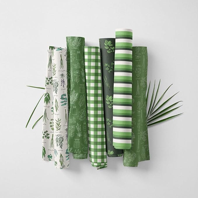Patchwork Fabric Panel 100x155 cm, 100% Cotton Satin, 6 Coordinated Botanical & Gingham Patterns, Green Nature Quilting & Sewing Fabric (Fresh Herbs, 6pcs 50x50cm)